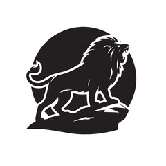 Black and white illustration of a lion roaring on a rock in front of a black circle.