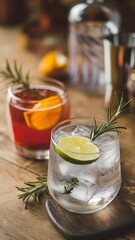 Fototapeta premium Refreshing Summer Cocktails. Gin and Tonic, Negroni with Citrus Garnish, Fresh Herbs, and Ice on Rustic Wooden Table