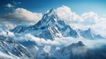 Obraz premium Landscape of mountain peaks summits with snow capped with cloudy