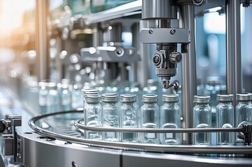 Picture of large number of blue vaccine bottles on a conveyor belt. Rows of glass vials with liquid medicine. Pharmaceutical laboratory. Factory. Vaccine production