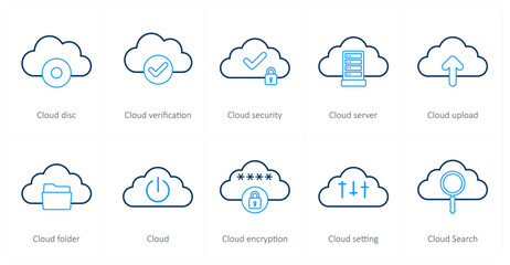 Fototapeta premium A set of 10 big data icons as cloud disc, cloud verification, cloud security