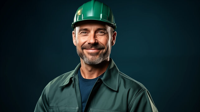 Man builder worker in uniform. Business, building, industry, technology. Builder concept. Business, building concept - smiling builder in hard hat.