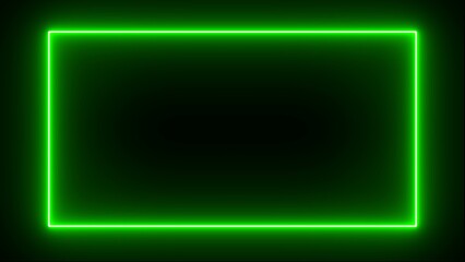 Green Neon rectangle frame loop illustration. Abstract glowing neon rectangle border frame on black background.