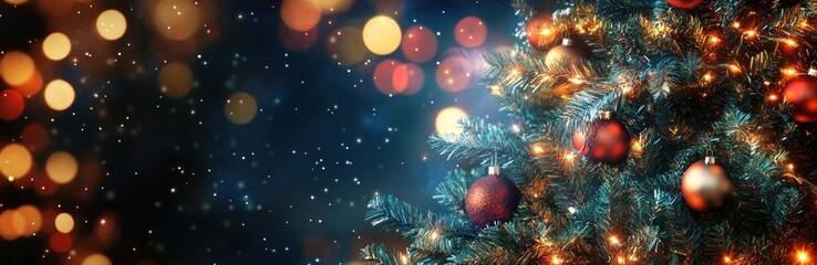 Obraz premium Christmas tree with lights and ornaments, festive background. Holiday banner display. Banner.