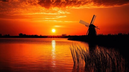 A serene sunset over a tranquil lake with a windmill silhouette.