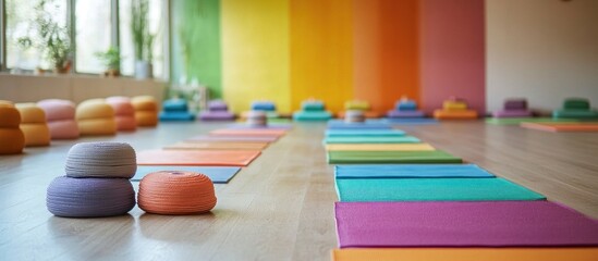 Obraz premium Colorful yoga mats and cushions in a bright studio with a rainbow wall.