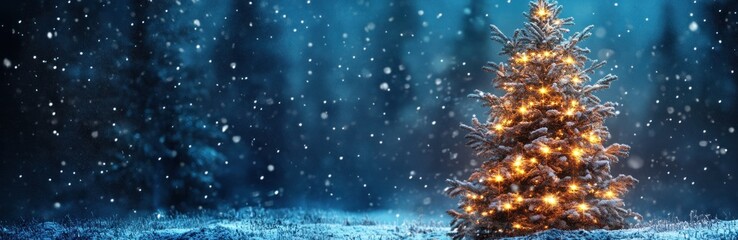 Christmas tree with glowing lights blue snowy background. Banner.