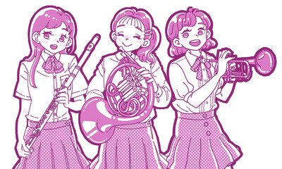 楽器を持つ笑顔の3人の女の子