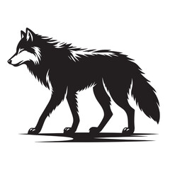 Black and white illustration of a wolf walking.