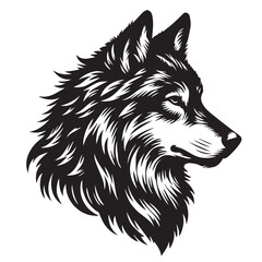 Black and white illustration of a wolf's head in profile.
