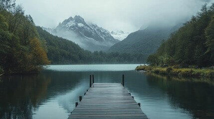 A serene lake surrounded by mountains and trees, with a wooden dock extending into the water.