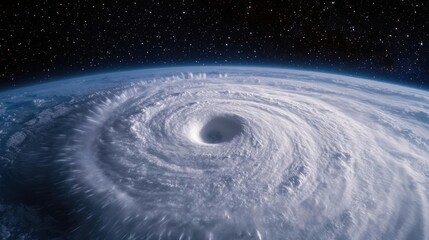 Aerial view of a powerful hurricane swirling over the ocean, dramatic atmospheric phenomena.