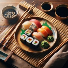Sushi plate with soy sauce and chopsticks on a bamboo mat background for an authentic look