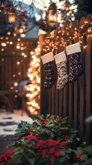 An empty scene featuring a delightful outdoor space with wintery decorations, where stylish customizable stockings are hung on a fence surrounded by festive lights, 