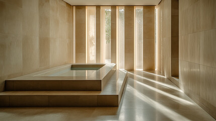 Naklejka premium Modern architectural interior featuring natural light and minimalist design in a serene space