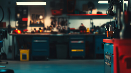mechanics garage with blue tool cabinets and various tools on workbench, creating focused and industrious atmosphere. lighting highlights organized workspace