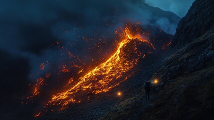 A glowing lava flow descends a mountain, illuminating the dark landscape and a lone figure.