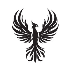 Black and white phoenix icon with spreading wings.