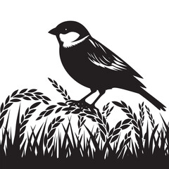 Black and white silhouette of a bird sitting in tall grass.