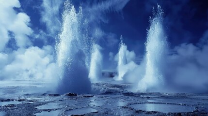 Erupting Geysers in Succession Against a Blue Sky