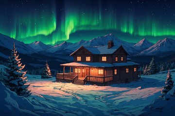 Fototapeta premium The house at the edge of the garden on a snowy mountain at night in winter has the aurora borealis. In anime style