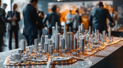 A model of a futuristic city with skyscrapers on an exhibition table