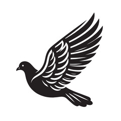 Fototapeta premium Black and white silhouette of a dove flying with spread wings.