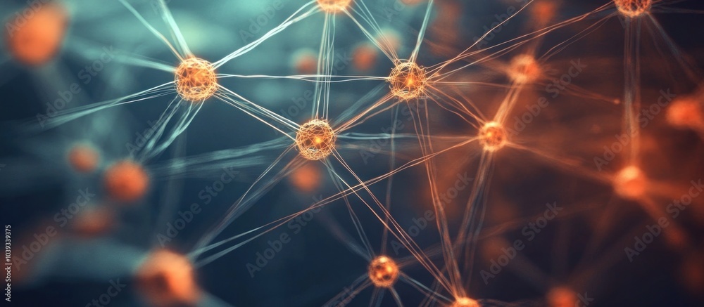 Sticker abstract network with glowing nodes and connections in a dark blue and orange background.