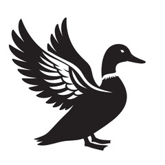 Black and white silhouette of a duck with its wings spread out.