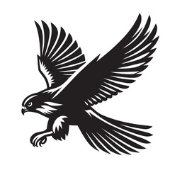 Black and white silhouette of a falcon in flight with spread wings.