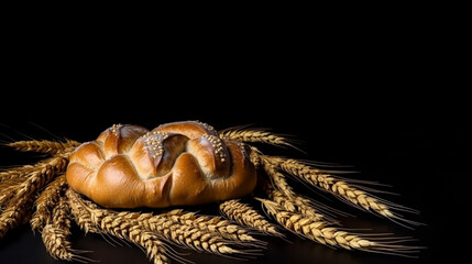 Fresh bread with wheat ears on black background, copy space. High quality photo