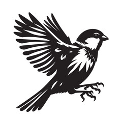 Black and white silhouette of a flying sparrow.