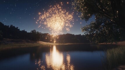Peaceful Lake with Glowing Reflections at Night