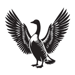 Obraz premium Black and white silhouette of a goose with wings spread.