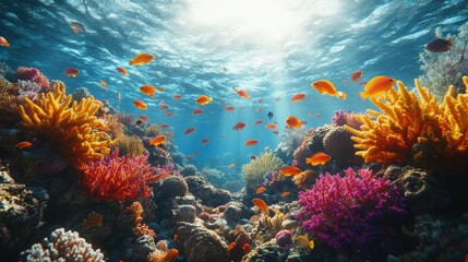 coral reef surrounded by vibrant sea creatures,