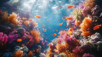 Obraz premium coral reef surrounded by vibrant sea creatures,