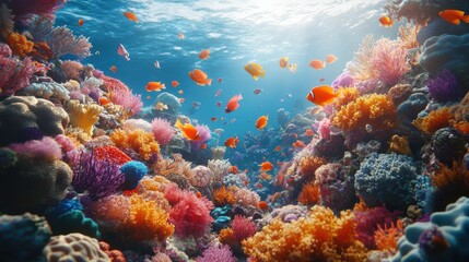 coral reef surrounded by vibrant sea creatures,