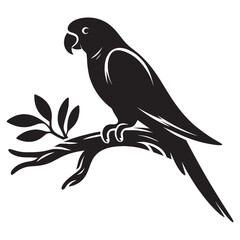 Fototapeta premium Black and white silhouette of a parrot on a branch.