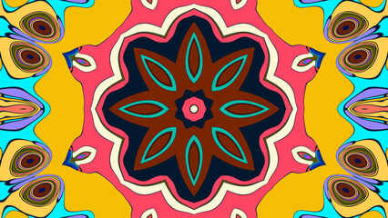 Abstract colorful psychedelic mandala kaleidoscope background pattern for a summer music festival
