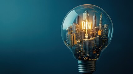 A light bulb encasing a city skyline, symbolizing innovation and urban energy.