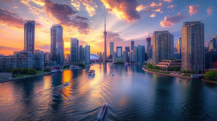 Fototapeta premium Vibrant City Skyline at Sunset with Skyscrapers