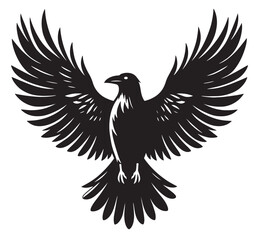 Black and white silhouette of a raven with its wings spread.