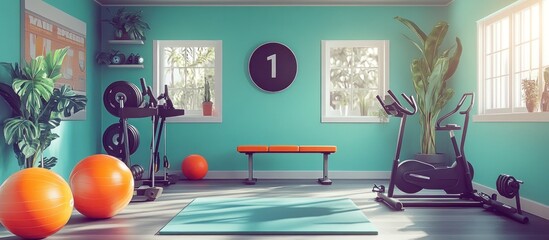 Modern home gym interior with a stationary bike, a treadmill, a yoga mat, and two exercise balls.