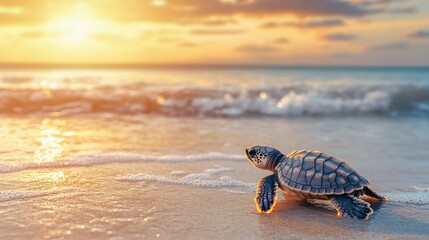 Obraz premium A baby sea turtle hatchling making its way to the ocean from a nest on the beach