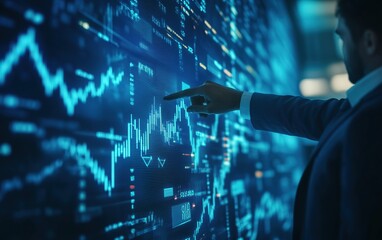 A businessman analyzing financial data on a large screen.