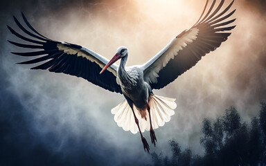 flying stork in foggy landscape, AI generated