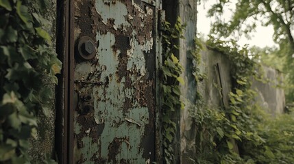 Closed factory gates with rusting metal and faded paint, symbolizing the decline of industry and the passage of time, reflecting a poignant reminder of economic shifts and the human impact of change