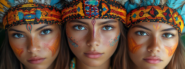 Obraz premium wide macro closeup photo of three women faces with highly detailed skin, face paint with blue and yellow colors and they looking at the camera directly with sharp eyes