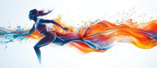 A female athlete runs through a vibrant stream of colorful paint, representing speed, energy, and motion.