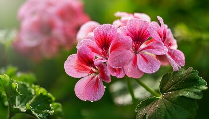 Naklejka premium Pelargonium zonale in summer garden with drops of water after rain